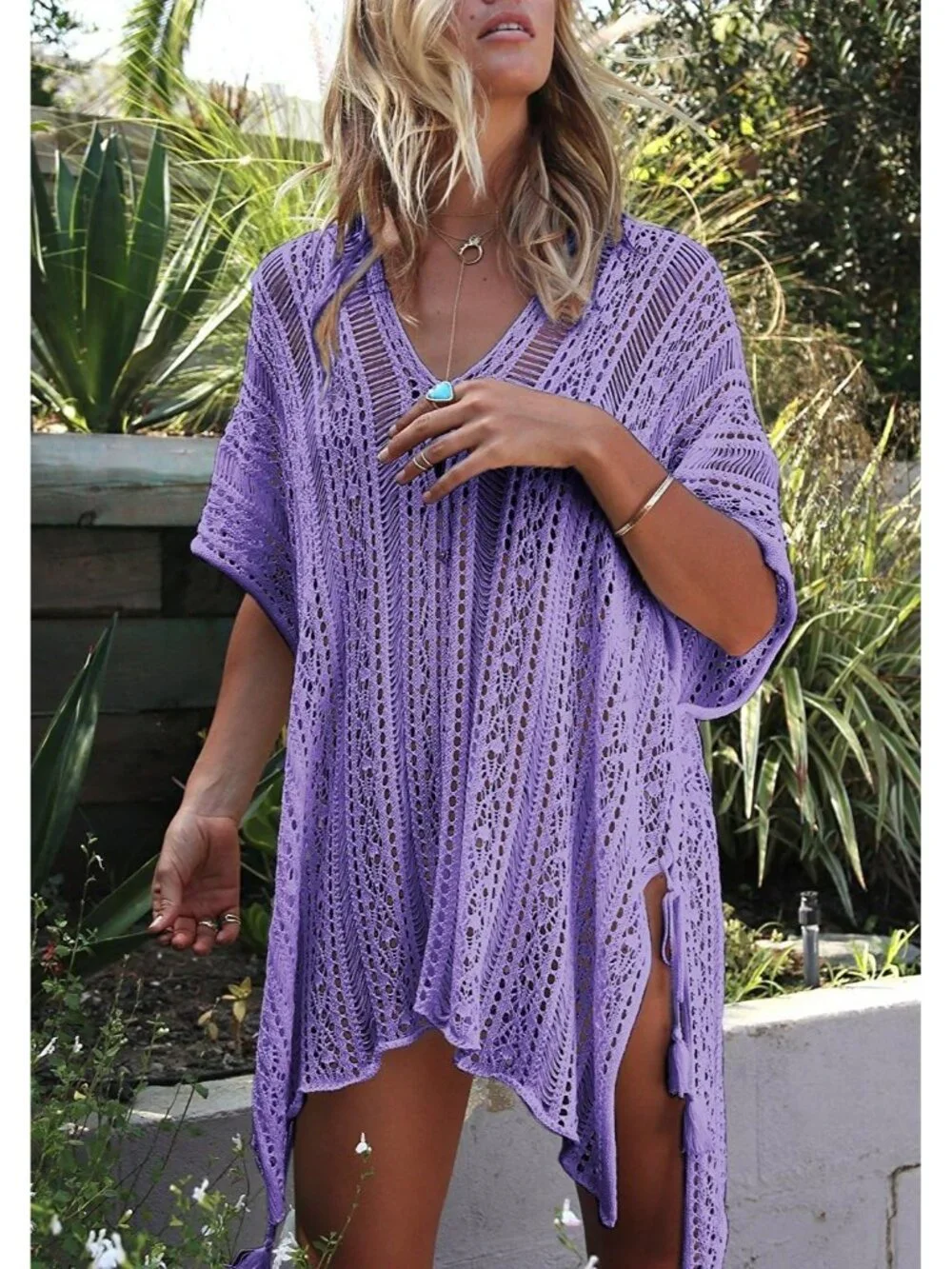 Women Lavender Crochet Cover up Summer Swimsuit Bikini Swimwear Beach - Picture 4 of 4